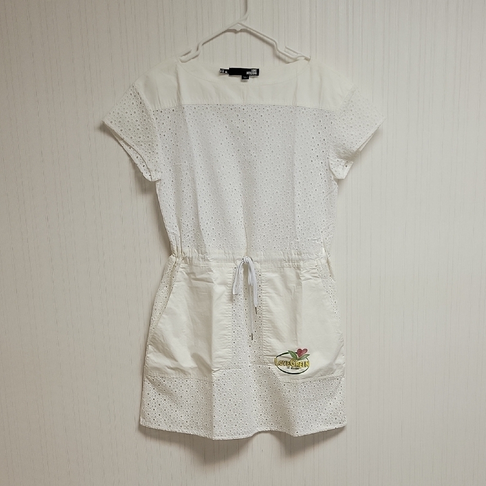Love Moschino White Eyelet Dress Us Sz 8 100% Cotton Summer Coastal Casual